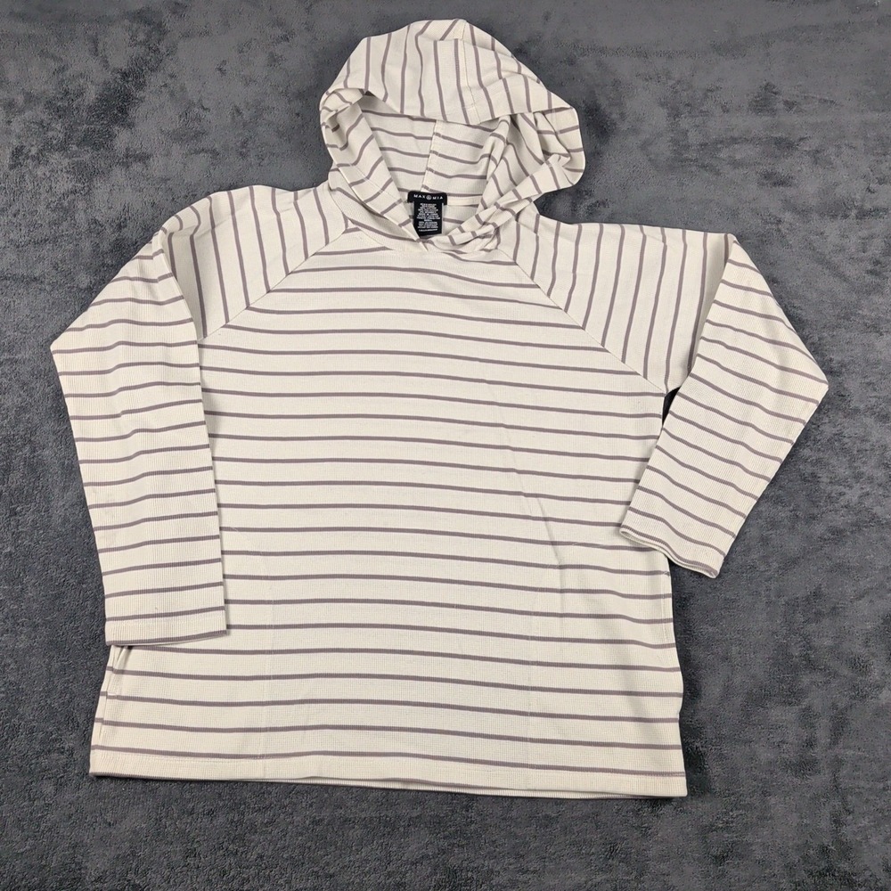 Max & Mia Striped Pullover Hoodie Pockets White Purple Cotton Blend Large Women